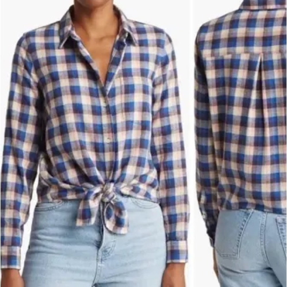 🌹Madewell • Tie Front Long Sleeve Button Down Plaid Shirt